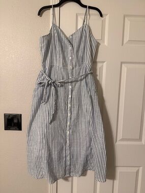 Who What Wear Light Blue & White Striped Midi Dress Smocked Back